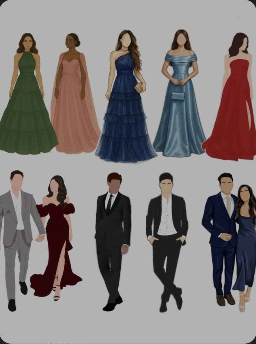 Ilustrações de vestidos longos e ternos sociais como sugestão de traje